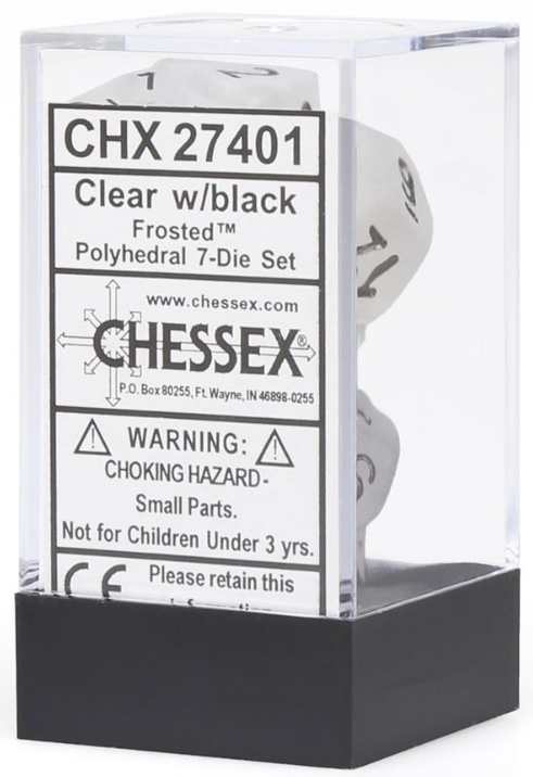 Chessex Dice: 7 Set Polyhedral Frosted Clear Black CHX27401